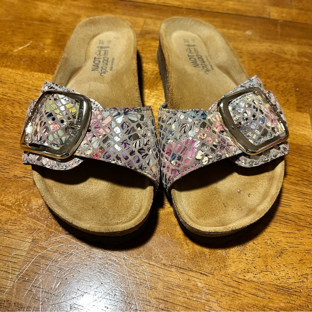 NAOT Metallic Big Buckle Slides | size 37 ladies 6